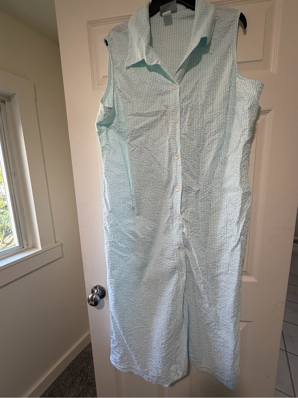 Blair Striped Shirt Dress in Light Aqua and White cotton sleeveless vintage